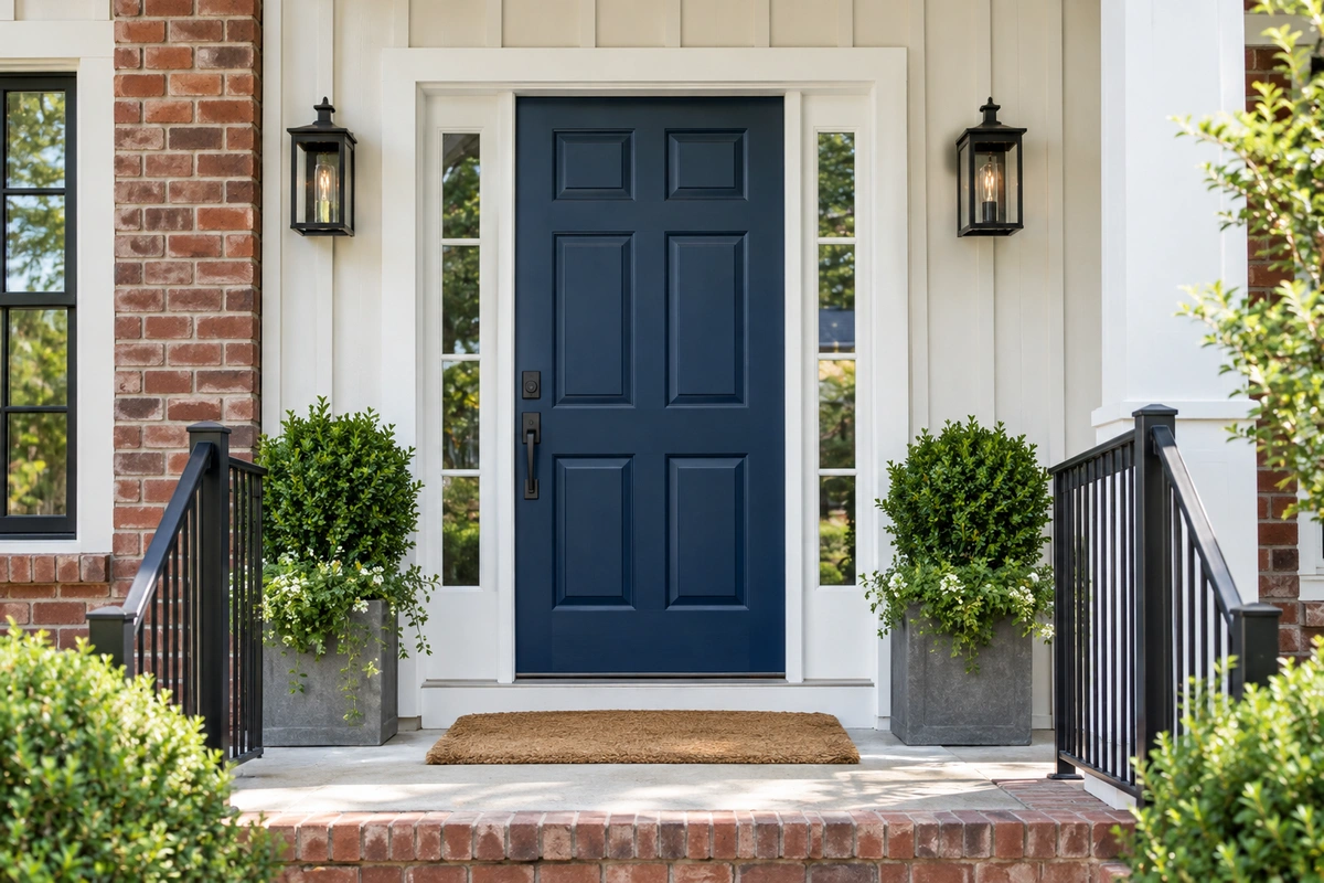 Navy front door paint with white exterior door trim paint on a Hampton GA farmhouse