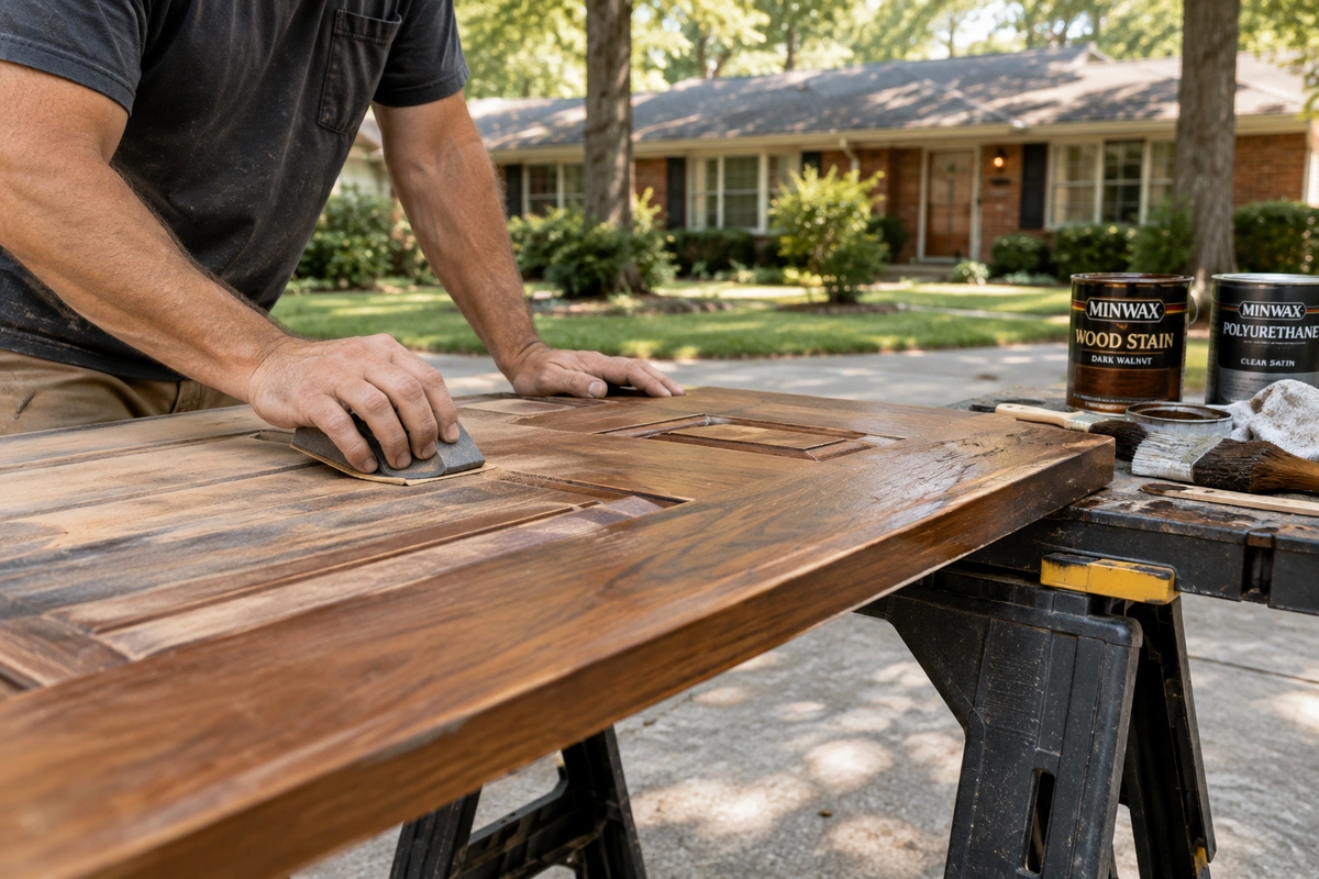 On-site door refinishing process for Belvedere Park GA wood doors