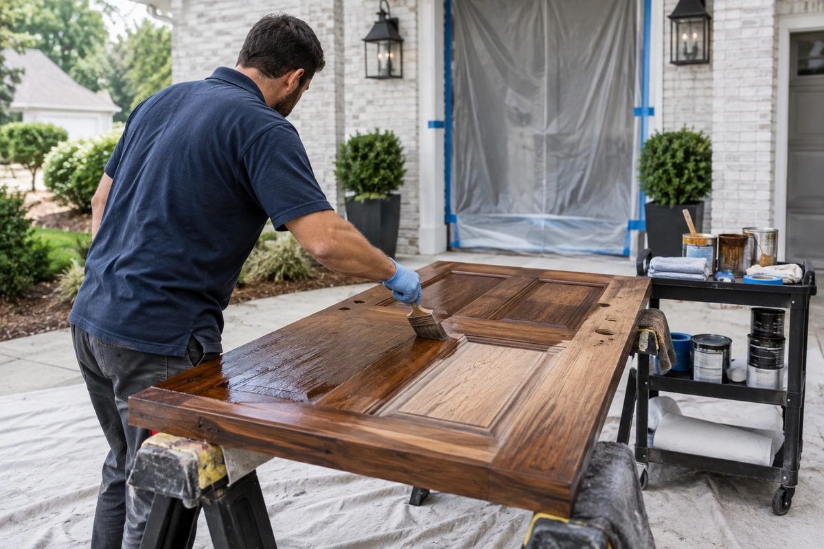 Technician staining a front door during on-site door refinishing in Between, GA