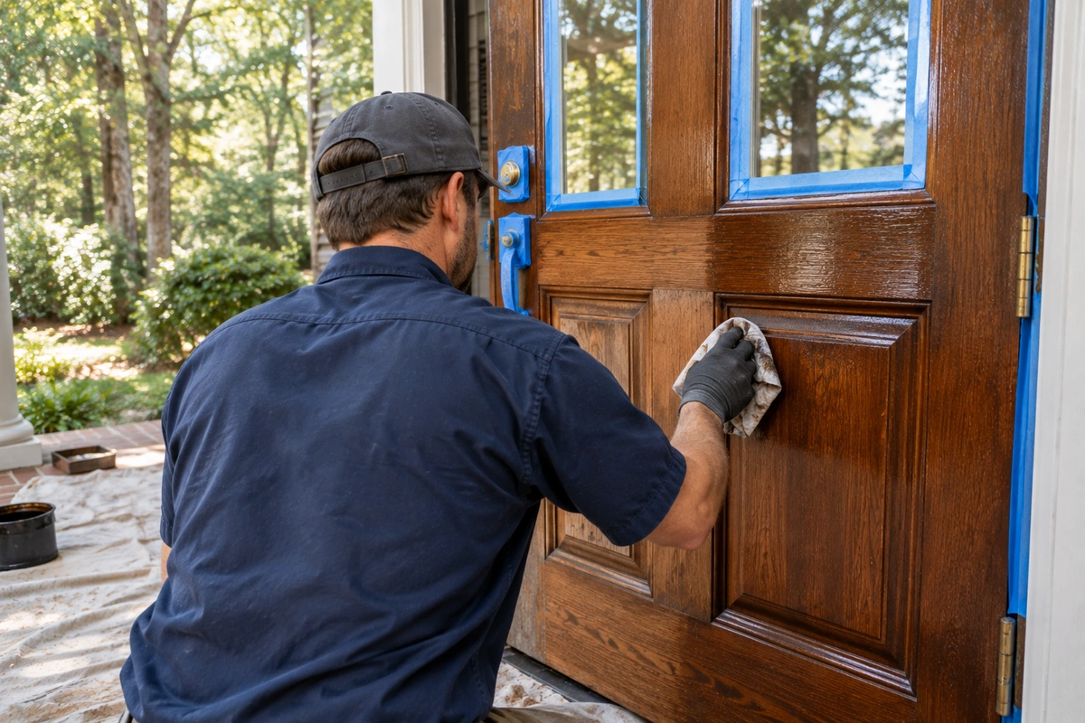 Door Refinishing Braswell, GA: On-Site Wood, Fiberglass & Metal Door Restoration 4 On-site door staining in Braswell: refinisher staining a hung wood front door in Paulding County, GA
