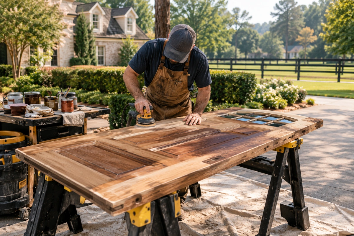 On-site wood door refinishing process technician sanding door Milton GA