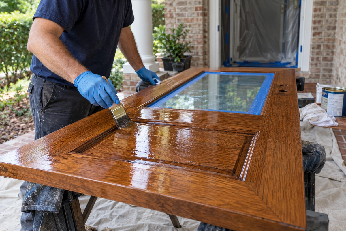 Door Refinishing Buford, GA: Lake Lanier-Ready Restoration for Wood, Fiberglass and Metal Entry Doors 3 On-site wood door refinishing in Buford, GA with UV marine-grade clear coat application