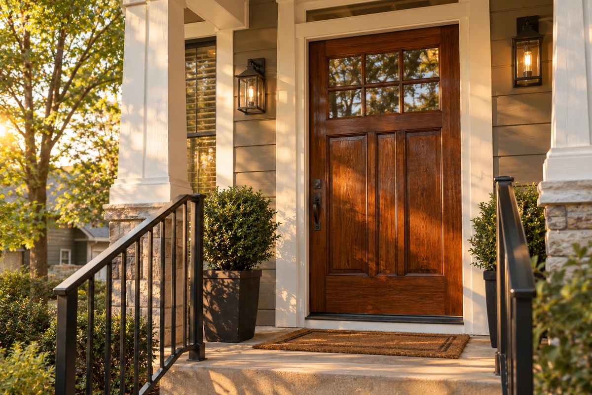 Wood door refinishing Chamblee craftsman entry with white trim and black railing painted with the best paint for outdoor metal railings
