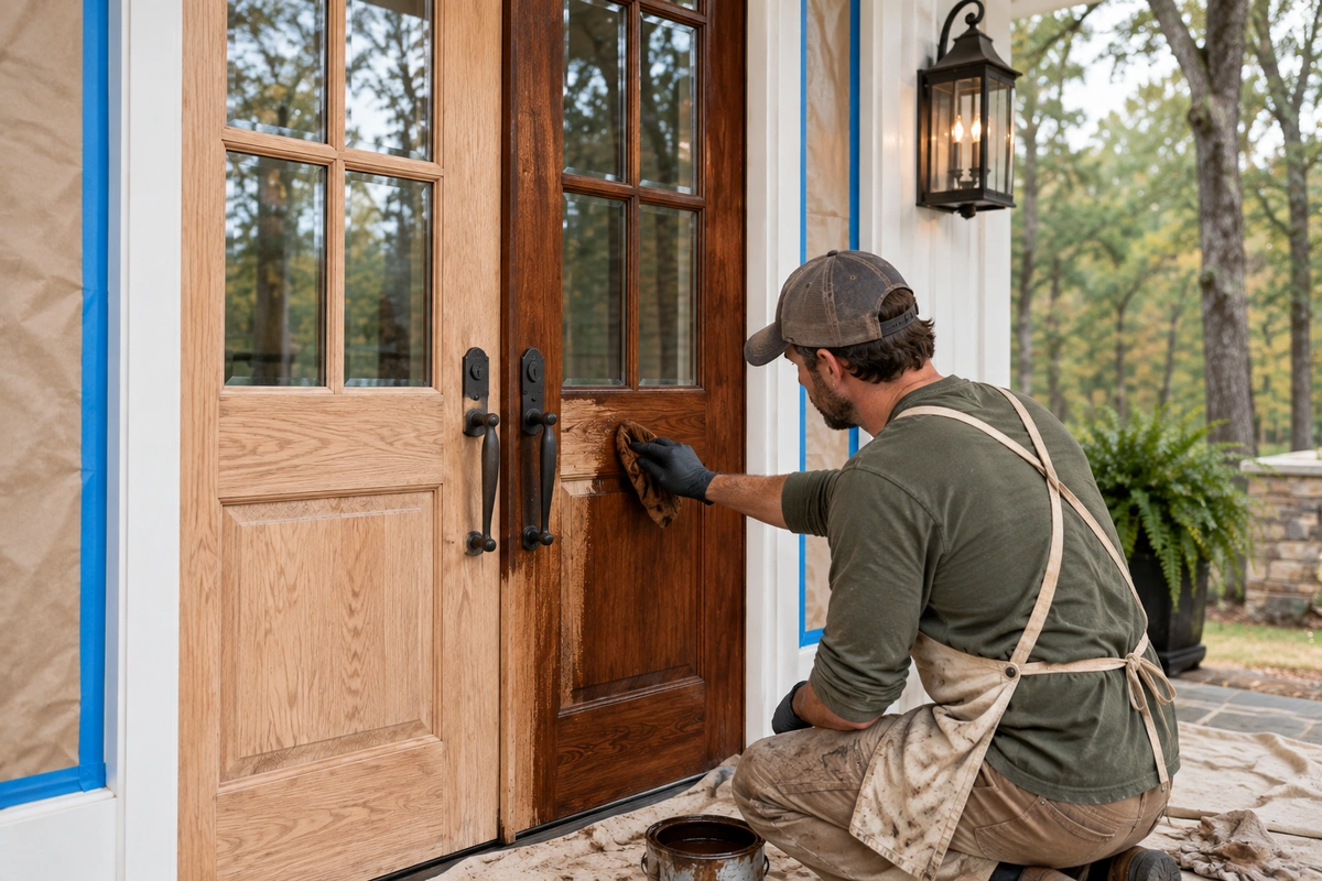 Wood door refinishing in Chattahoochee Hills – on-site door staining process by Door Stain