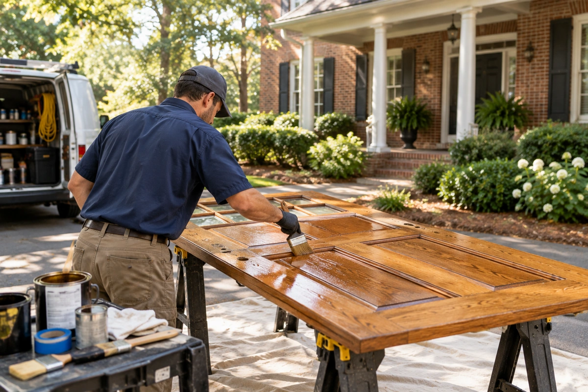 Wood door restoration Adairsville – on-site crew sealing a refinished entry door