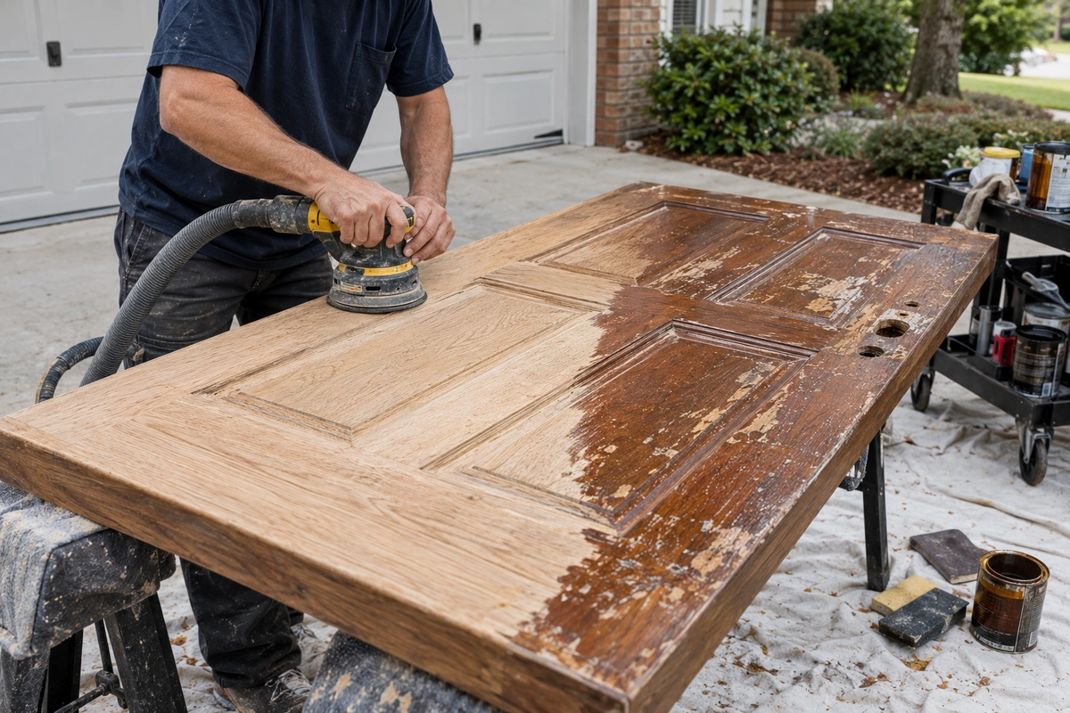 Wood door restoration Braselton – oak entry door stripped and sanded on-site before staining