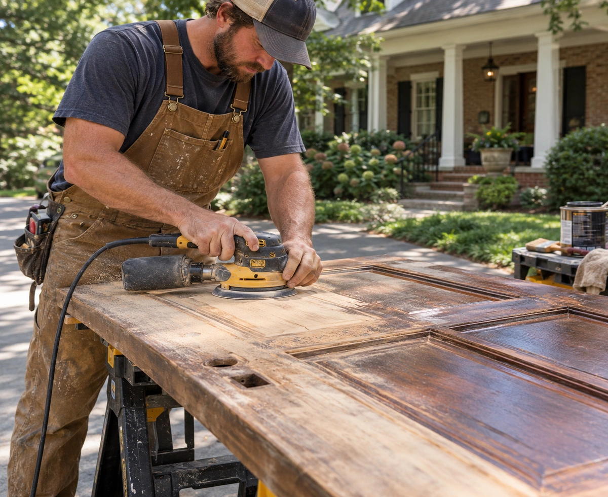 Wood door restoration Clayton County technician sanding a door on-site