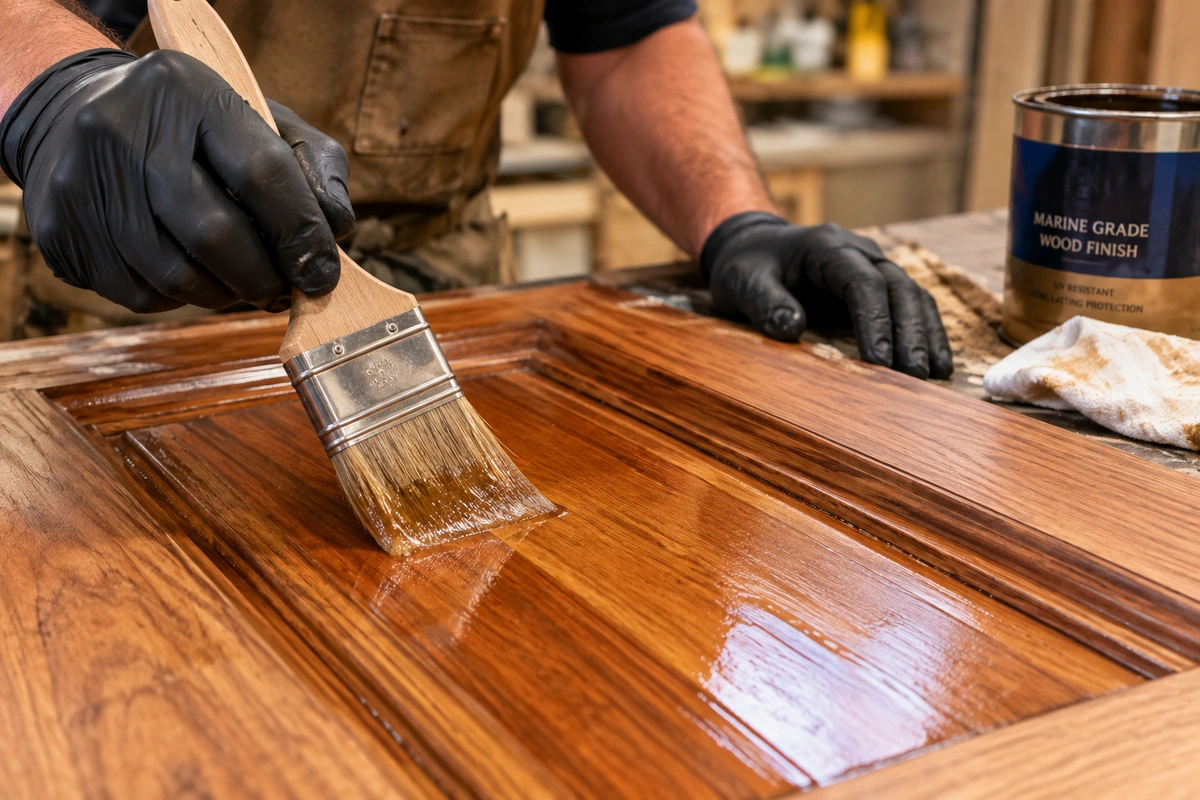 Door Refinishing Dacula, GA: Wood & Fiberglass Door Restoration Experts 2 Wood door restoration Dacula technician applying marine-grade UV sealant
