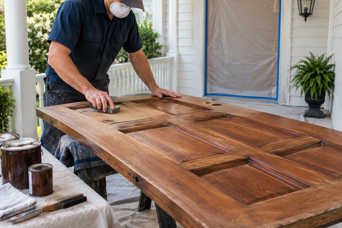 Door Refinishing Lithonia, GA | Doors, Cabinets, Floors & Stairs 4 Wood door restoration Lithonia – technician sanding a front door on-site before staining