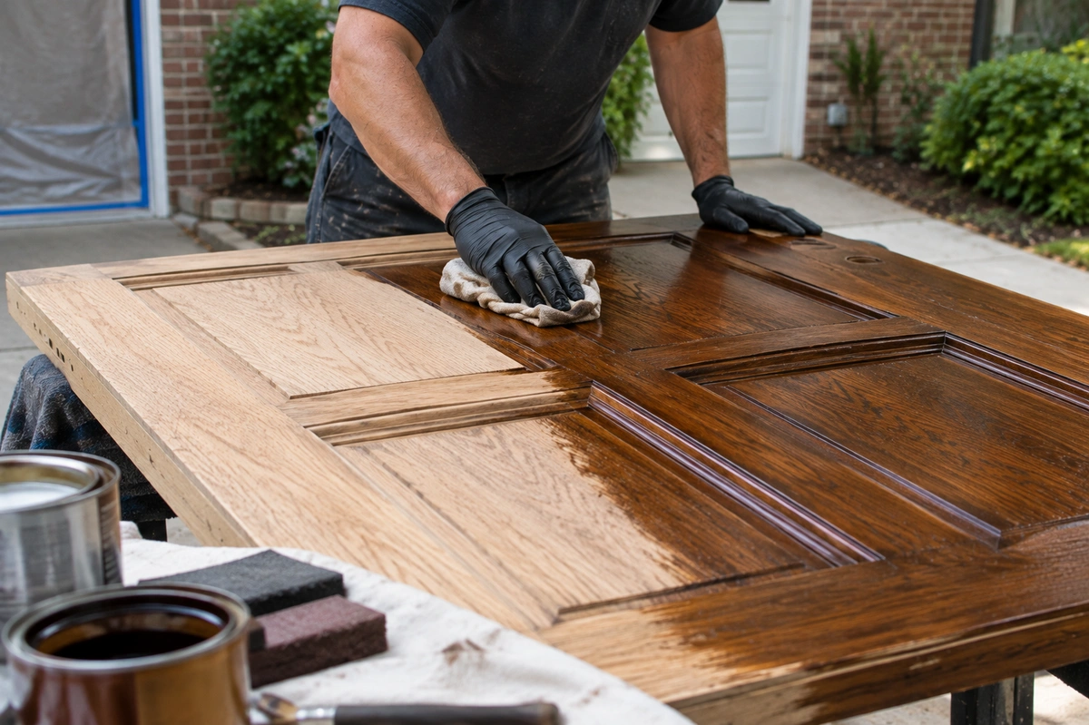 Door Refinishing Mableton, GA: Wood, Fiberglass & Metal Door Restoration 3 Wood door staining during on-site door refinishing in Mableton GA – half-stained oak entry door