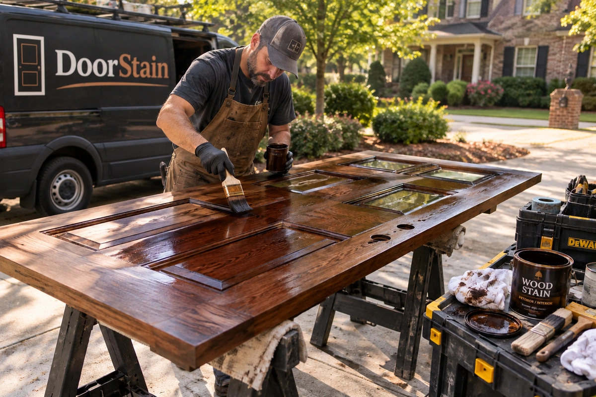On-site wood door staining process for door refinishing in Grayson GA
