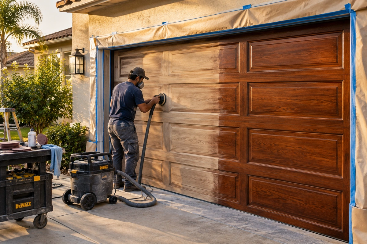 Wood garage door refinishing craftsman at work in Canton GA