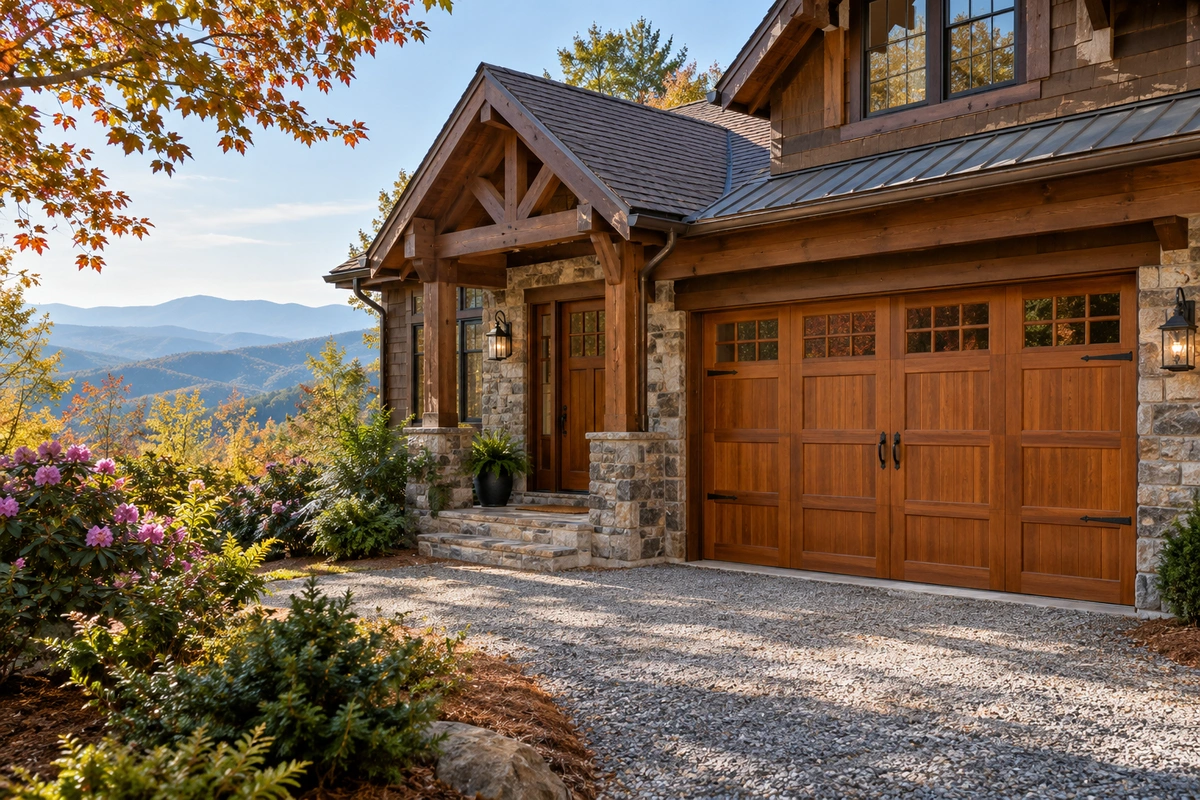 Wood garage door refinishing and entry door staining on a Pickens County GA mountain home near Jasper