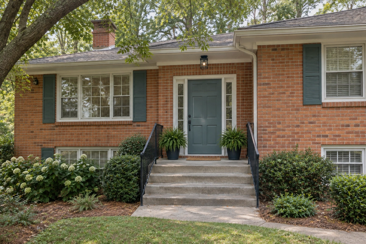 Wythe Blue front door with white exterior door trim paint on a mid-century brick split-level home in Chamblee GA