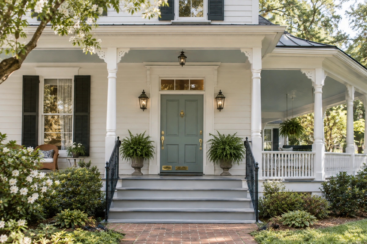 Wythe Blue front door with white exterior door trim paint on a historic Jonesboro GA cottage