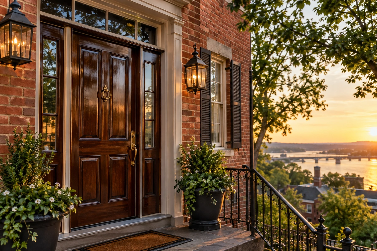 Door Refinishing Redan, GA 2 Door refinishing in Redan, GA refinished mahogany wood front door with sidelights on a brick home