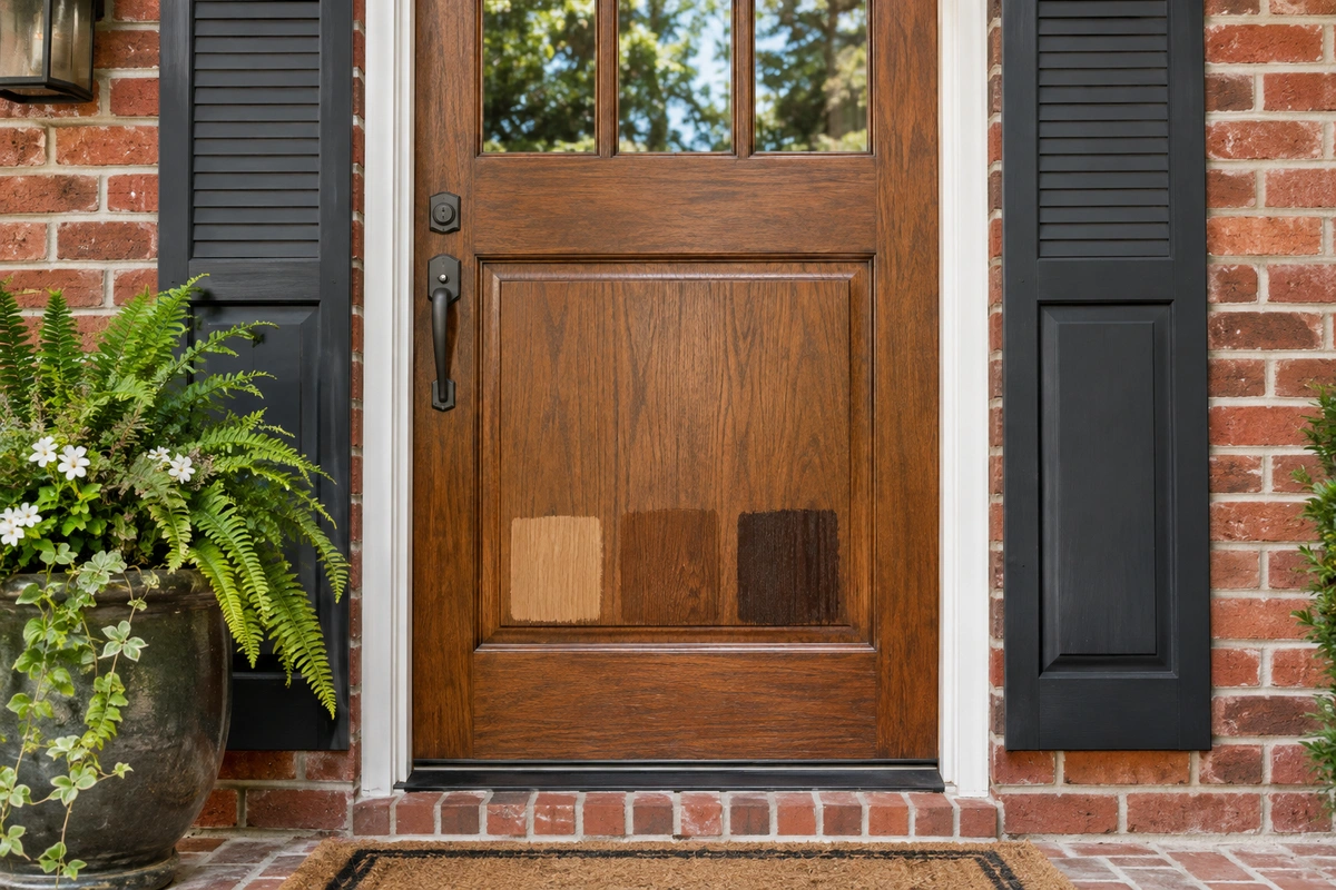Door refinishing Fairburn GA 5 Exterior door staining South Fulton GA: stain color samples on a wood door beside brick and shutters