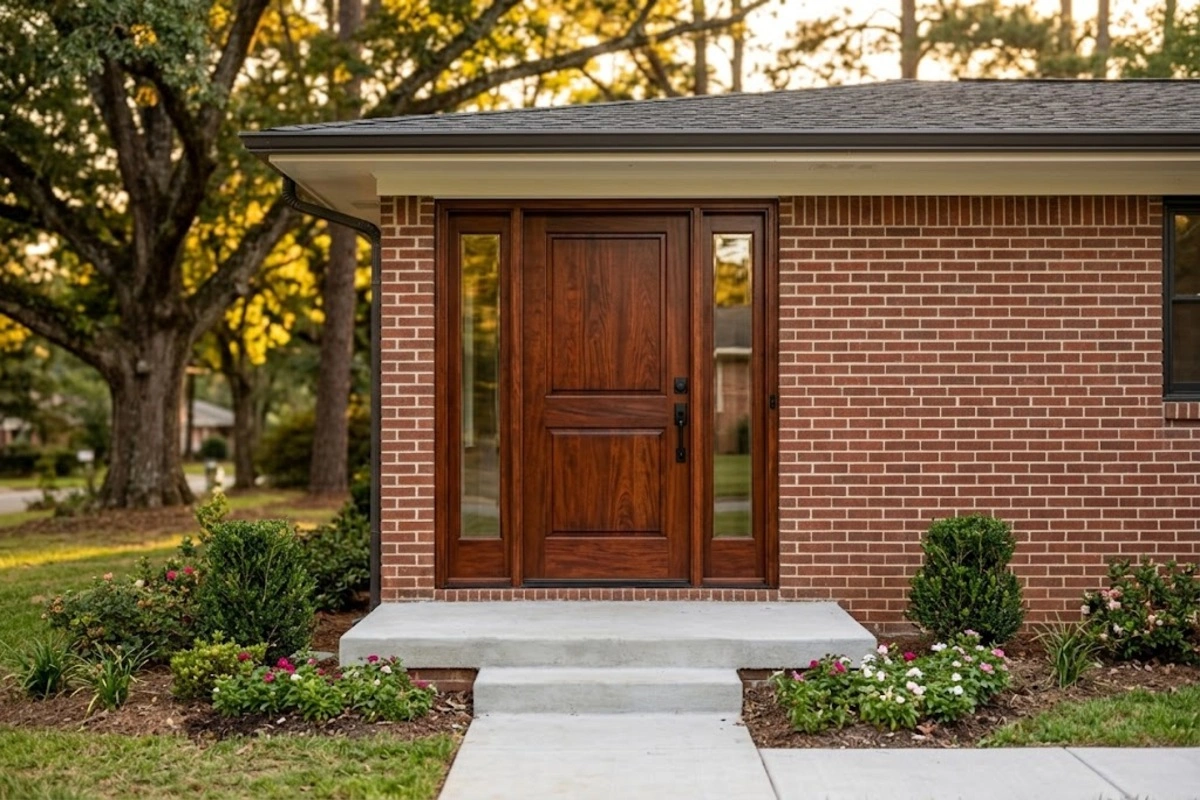 Door Refinishing Gresham Park, GA 4 Freshly refinished mahogany wood front door on a renovated Gresham Park GA brick ranch home