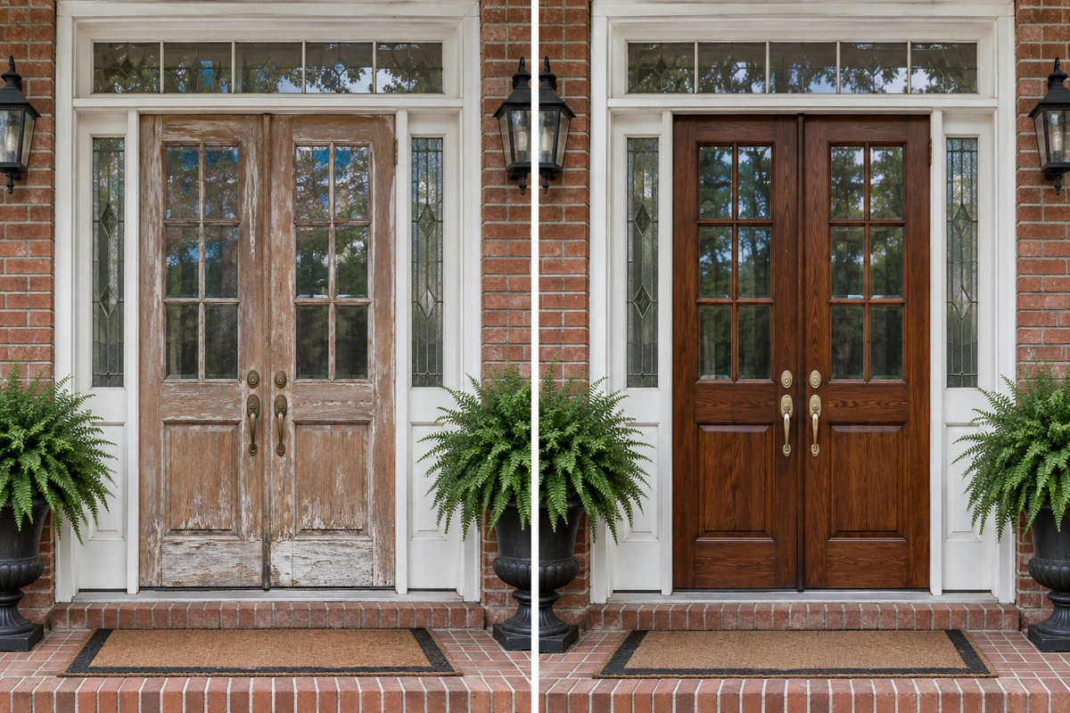 Front door refinishing Bremen GA – before and after of a sun-damaged wood double door