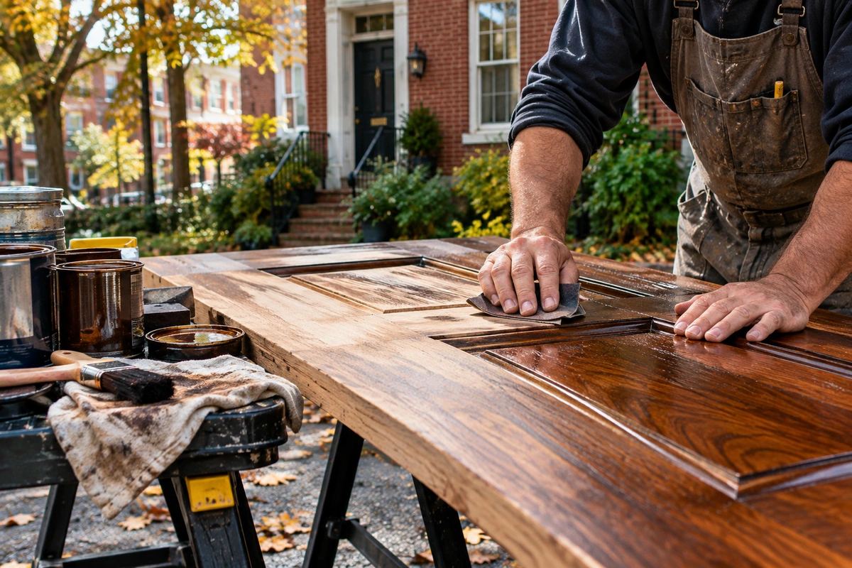 Wood door restoration in Acworth – hand-applied stain during on-site door refinishing.