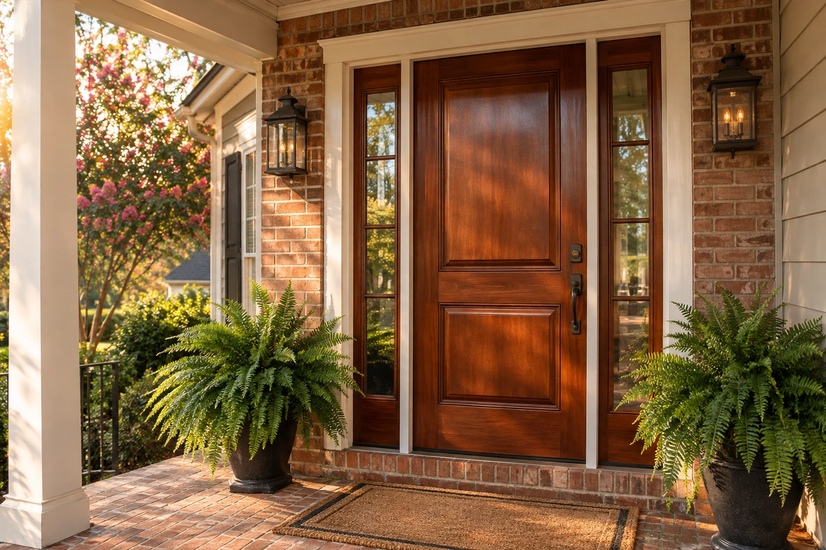 Door Refinishing Austell GA 2 Door refinishing Austell GA: restored mahogany front door with sidelights on a Cobb County home