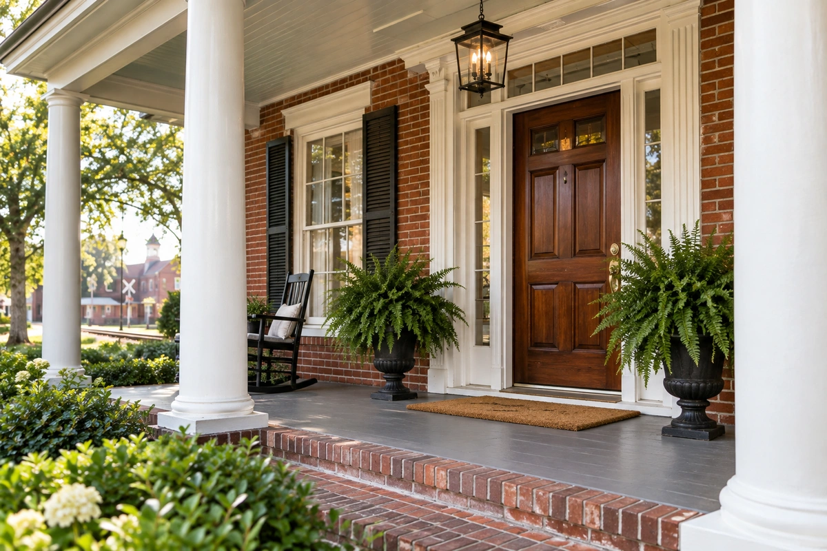 Door refinishing Bremen GA – refinished mahogany front door on a historic brick home