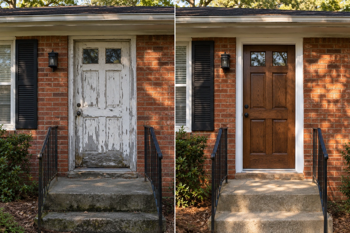 Door refinishing Candler-McAfee GA before and after on a 1950s brick ranch front door