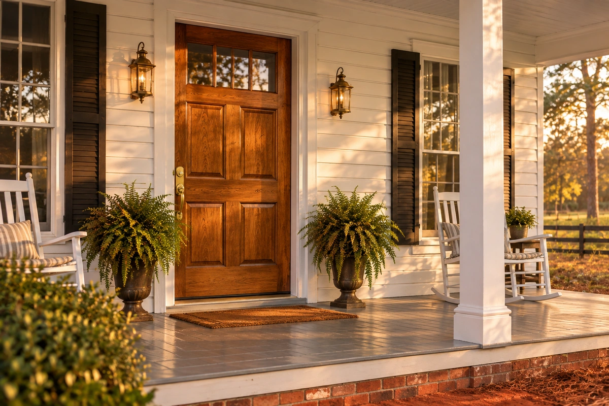 Door Refinishing Carl, GA: On-Site Wood, Fiberglass & Metal Door Restoration for Barrow County Homes 2 Door refinishing Carl GA – restored stained oak front door on a Barrow County farmhouse porch
