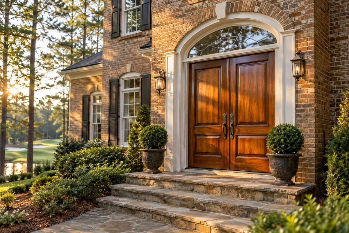 Door refinishing in Cumming, GA — restored mahogany double entry doors on a Forsyth County brick home