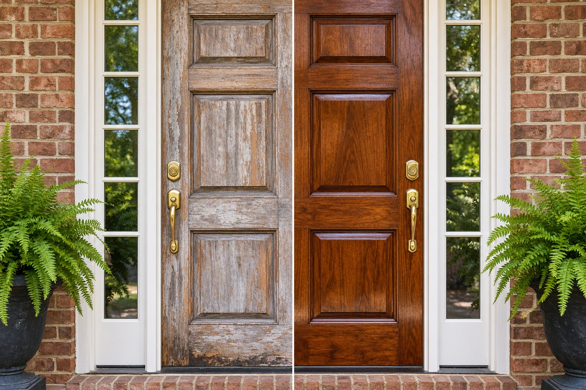 Door refinishing Fairburn GA 2 Door refinishing Fairburn GA: freshly stained wood front door on a South Fulton brick home