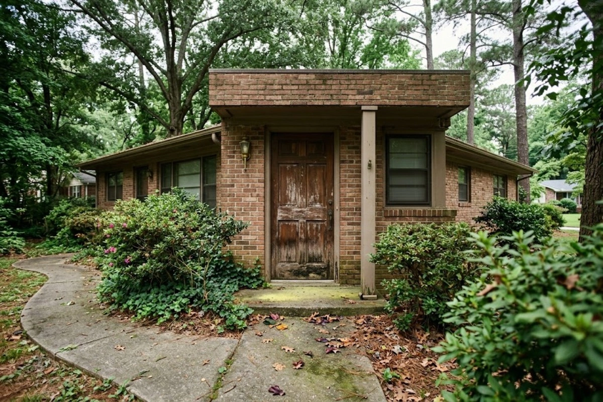 Door Refinishing Gresham Park, GA 2 Weathered wood front door with mildew on a shaded Gresham Park GA brick ranch needing door refinishing