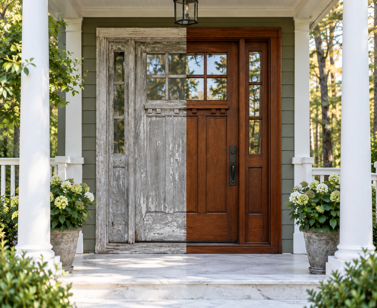 Door refinishing Nelson GA before and after of a mahogany front door on a foothills cottage