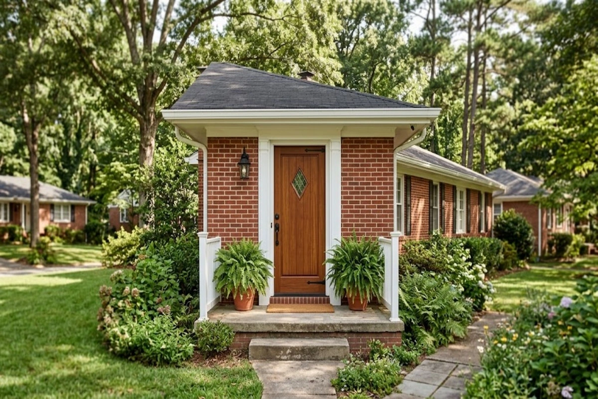 Door refinishing North Decatur GA: refinished mahogany front door on a 1950s brick ranch home
