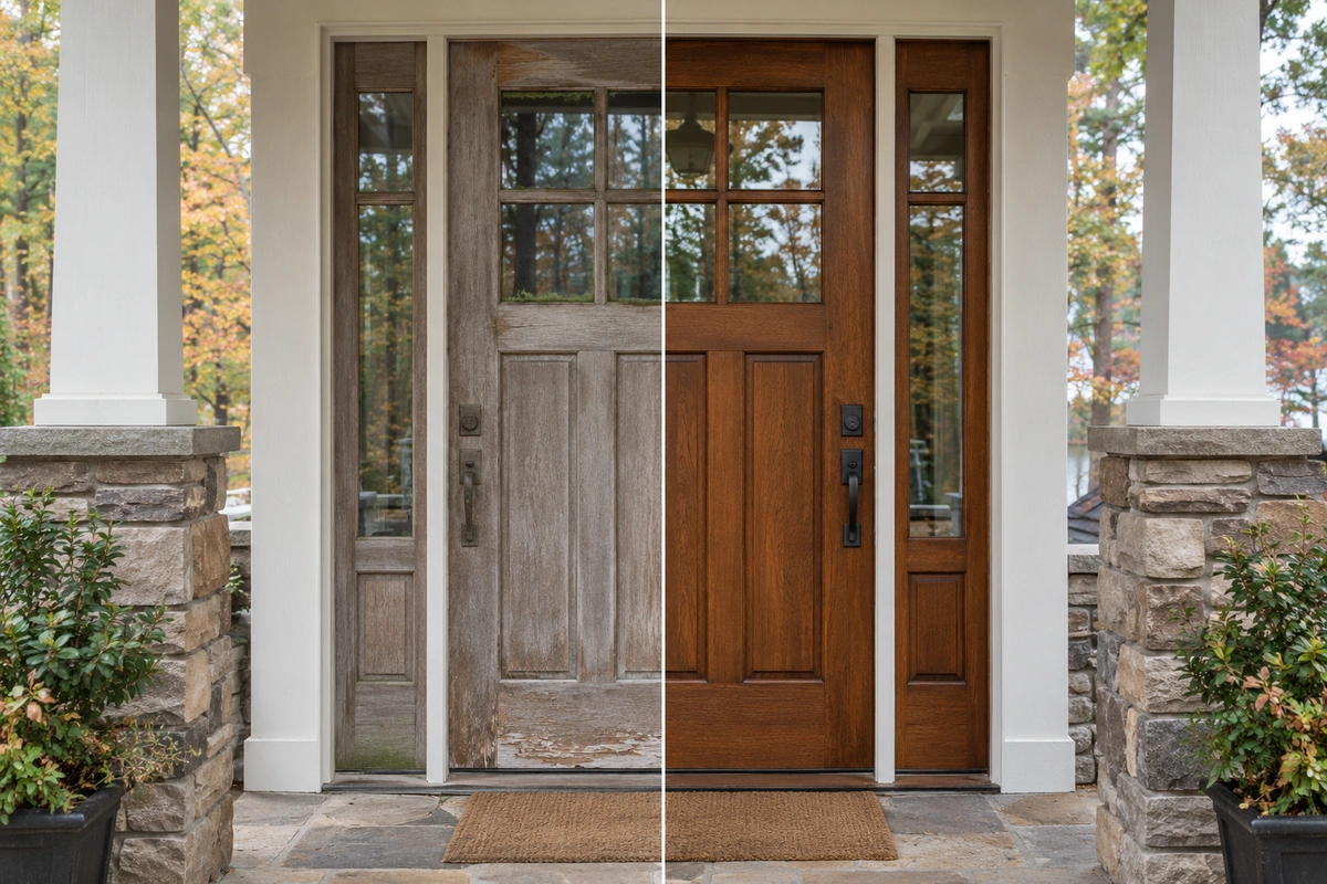 Door refinishing Waleska GA before and after of a craftsman front door at Lake Arrowhead