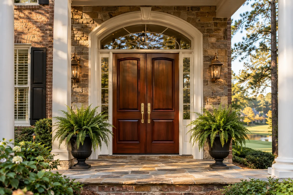 Door refinishing Woodstock GA – refinished mahogany double front door on a Towne Lake home