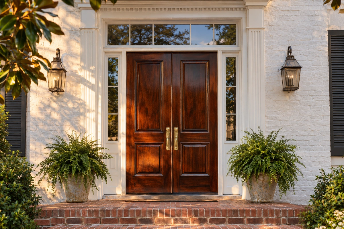 Door Refinishing Woolsey, GA 2 Door refinishing in Woolsey, GA: refinished mahogany double front door on a Fayette County farmhouse