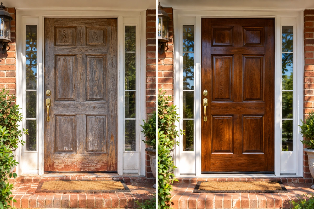Door Refinishing Carl, GA: On-Site Wood, Fiberglass & Metal Door Restoration for Barrow County Homes 3 Exterior door refinishing in Barrow County – sun-damaged wood door before and after restoration in Carl GA