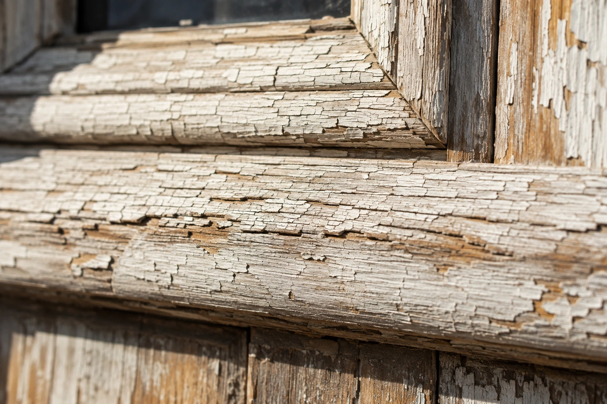 Exterior wood door refinishing in North Decatur: shaded front door with peeling varnish and mildew before restoration