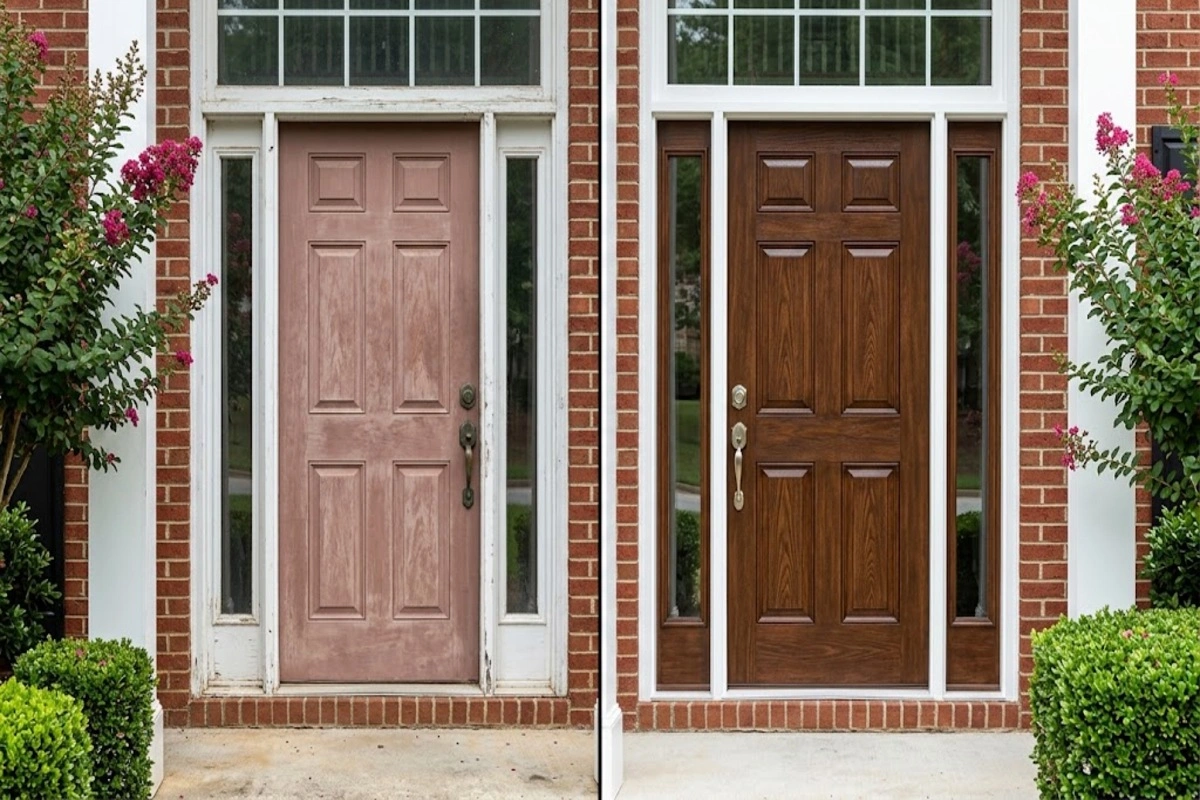 Fiberglass door refinishing Norcross – before and after of a faded entry door restored with gel stain