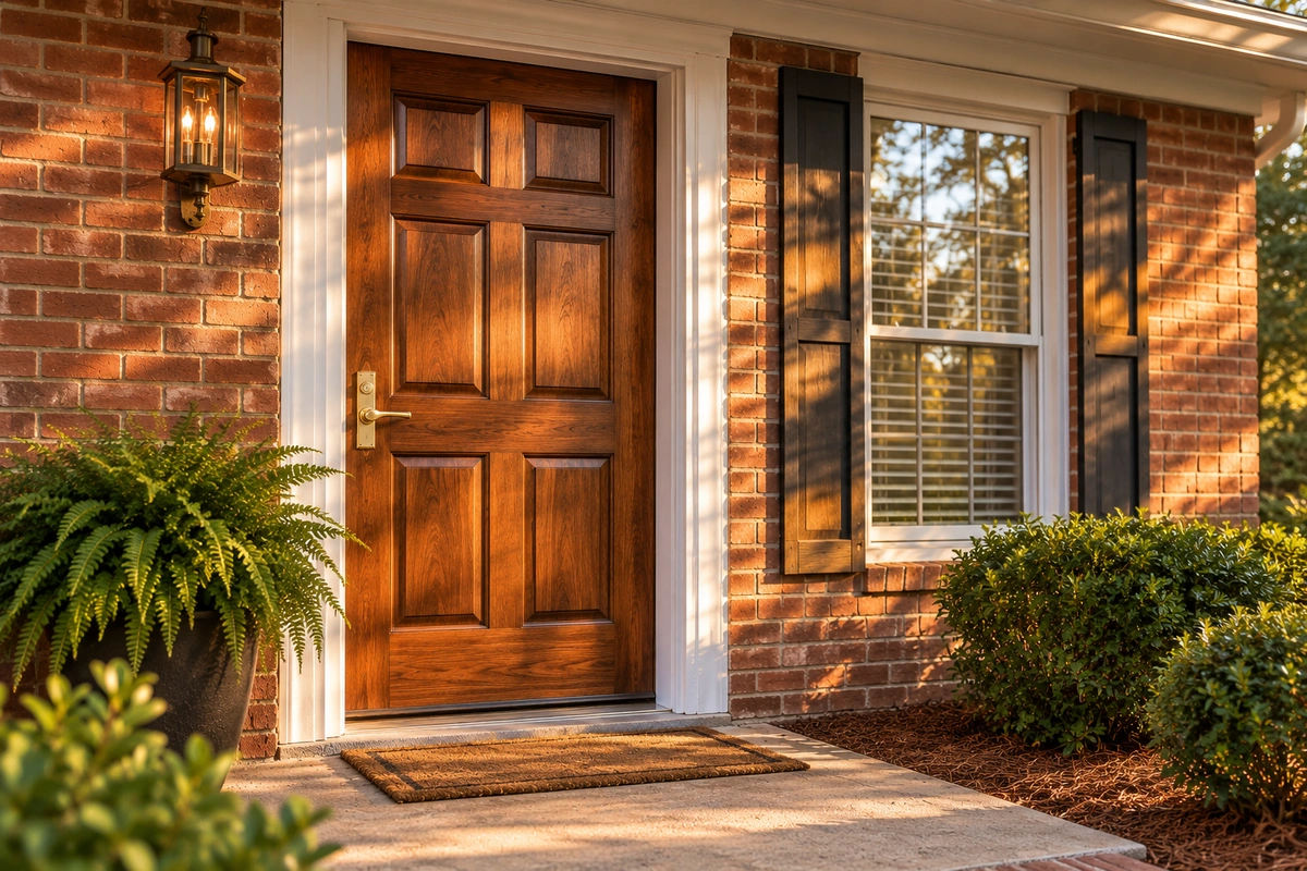 Front door refinishing in 30032 Candler-McAfee with a walnut stain and satin UV-protected varnish