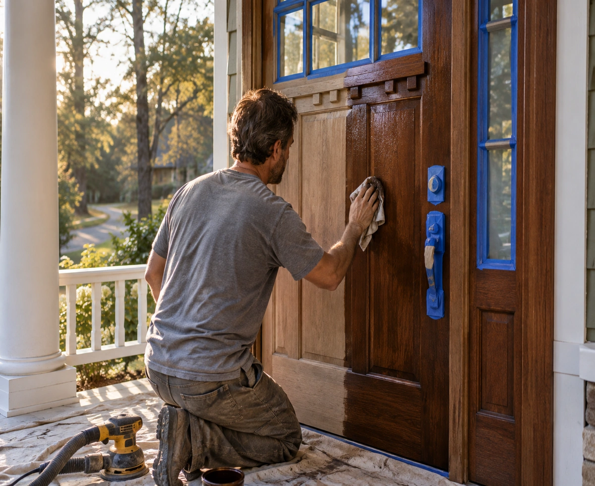 Front door refinishing in Nelson GA with a craftsman hand-staining a wood entry door on site