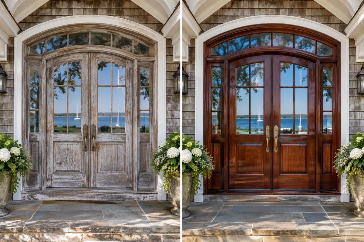 Front door refinishing Norcross – refinished walnut double doors with sidelights on a Gwinnett County home