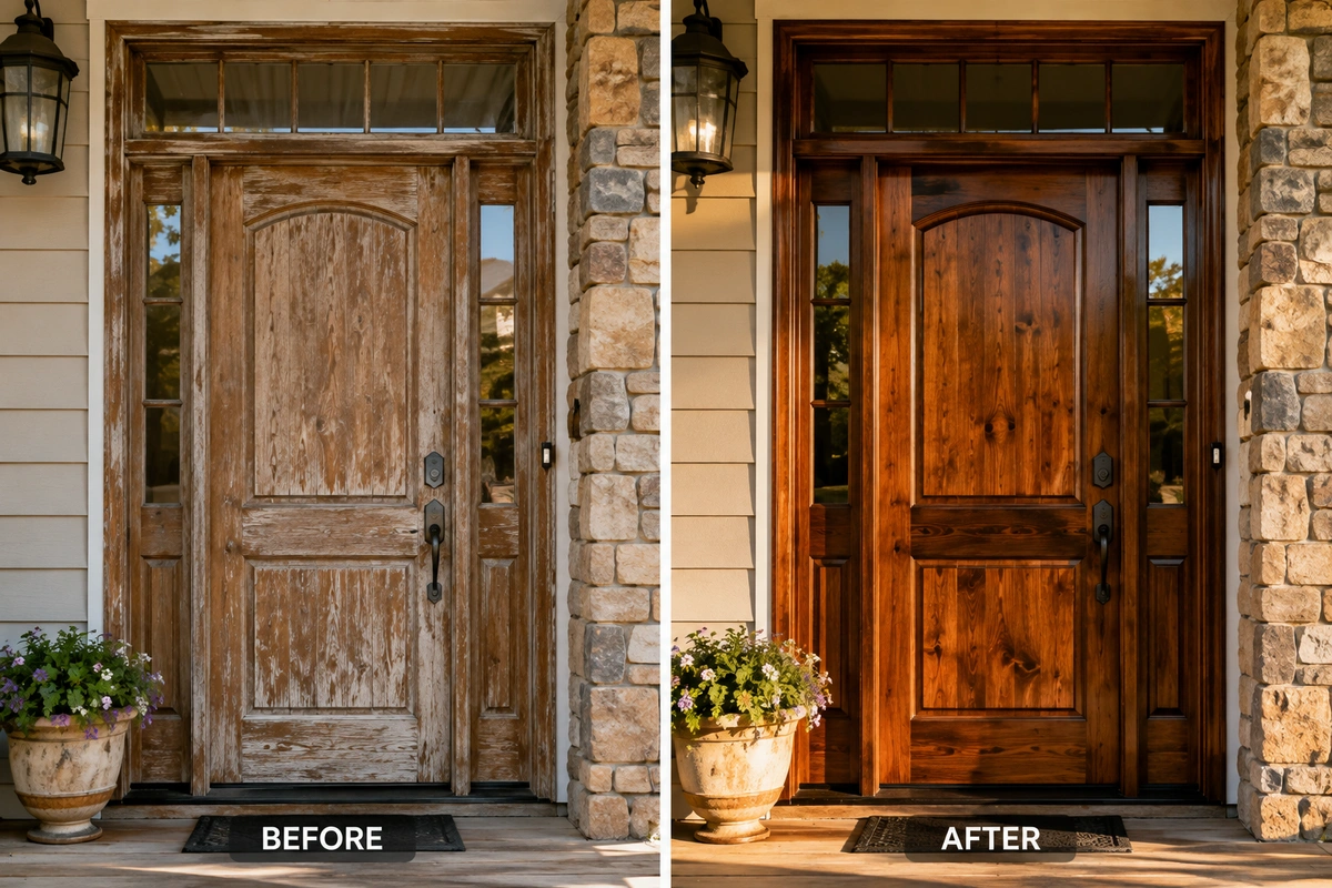Front door refinishing North Decatur before and after: faded wood entry door restored with walnut stain and UV varnish