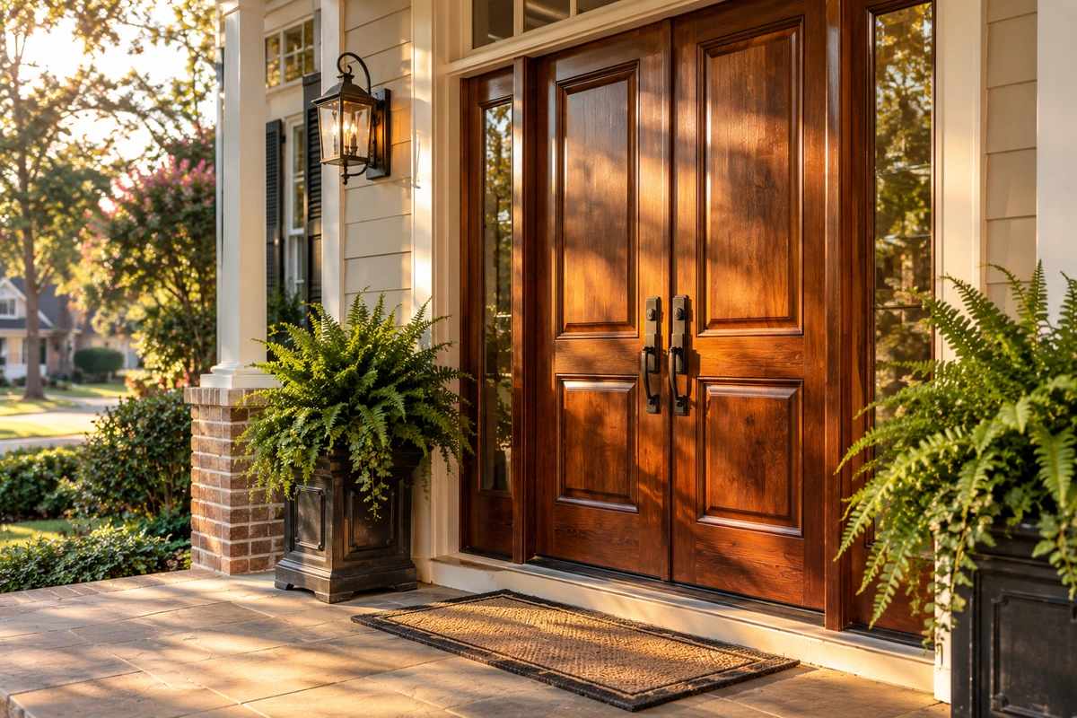 Door Refinishing Union City GA 4 Freshly refinished front door with rich satin stain on a Union City GA home
