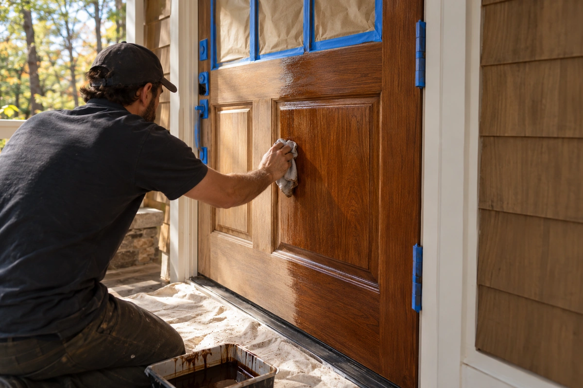 Front door refinishing in Waleska GA with a craftsman hand-staining a wood entry door on site