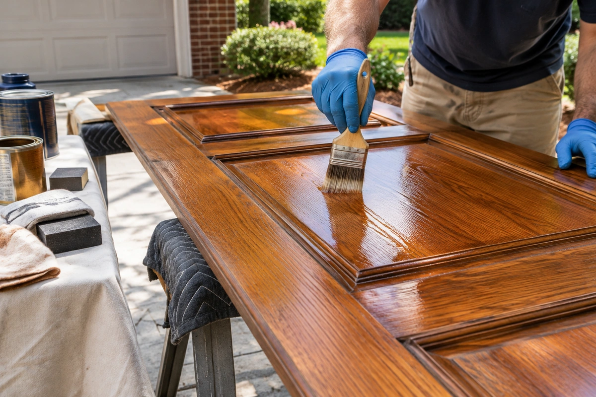 Front door refinishing in Woodstock – craftsman hand-applying stain during on-site wood door refinishing