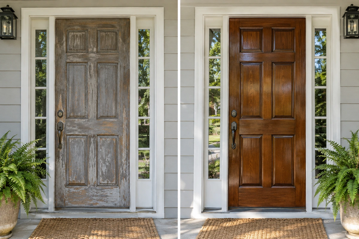 Door refinishing Fairburn GA 3 Front door restain Fairburn GA: sun-faded wood door beside a restored door with rich stain