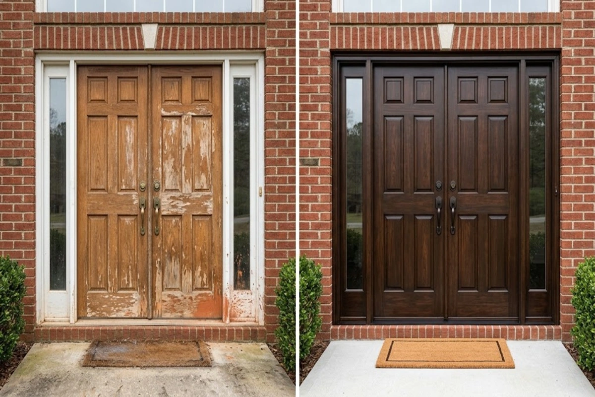 Front door restoration in Walnut Grove GA, before and after refinishing a double entry door.