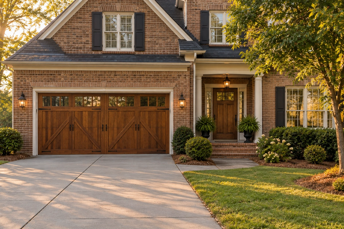 Garage door refinishing Bremen GA – refinished wood garage door and matching front door