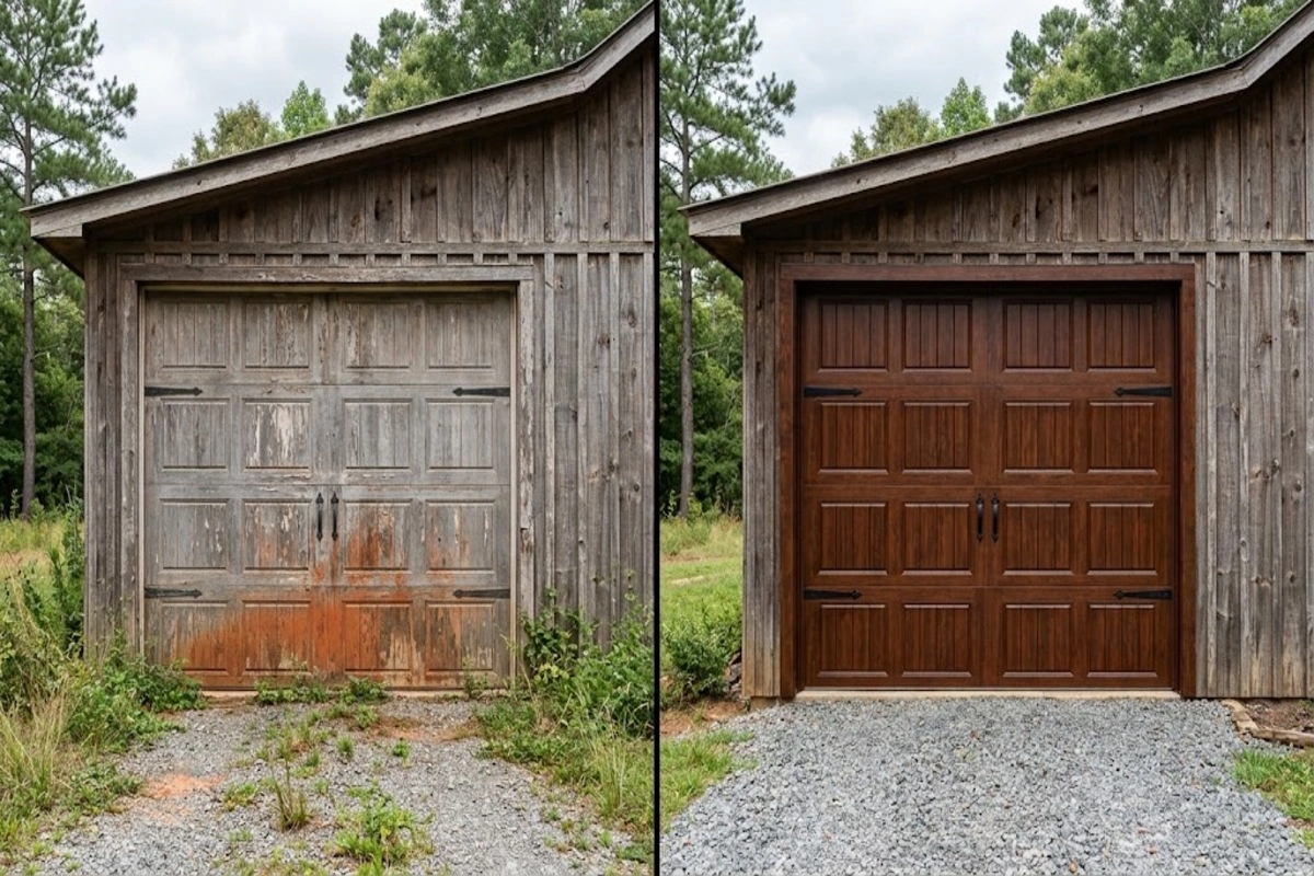 Door Refinishing Woolsey, GA 3 Garage door refinishing in Woolsey, GA before and after: weathered wood carriage door restored with chestnut stain
